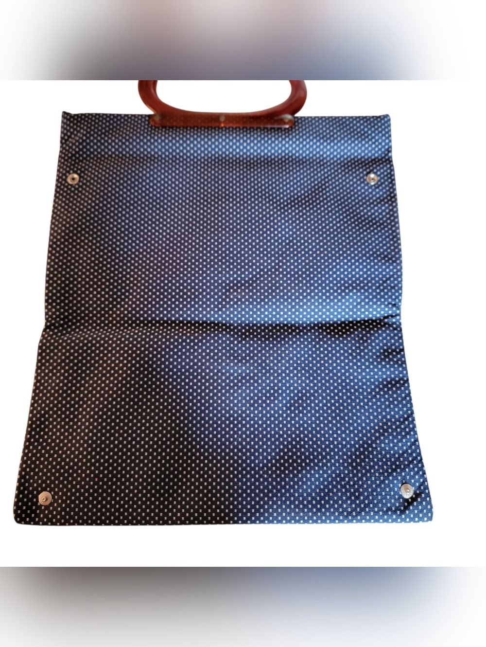NOS Vintage 1970s Lady’s Pride Navy Polka Dot Foldable Tote Bag Lucite Handles - Picture 4 of 5